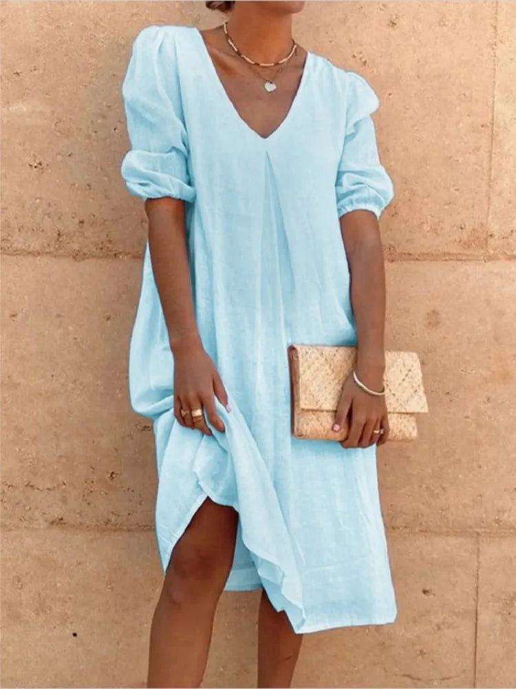 Natalie Women's Midi Dress – Sleeveless V Neck Summer Casual Elegant Dress