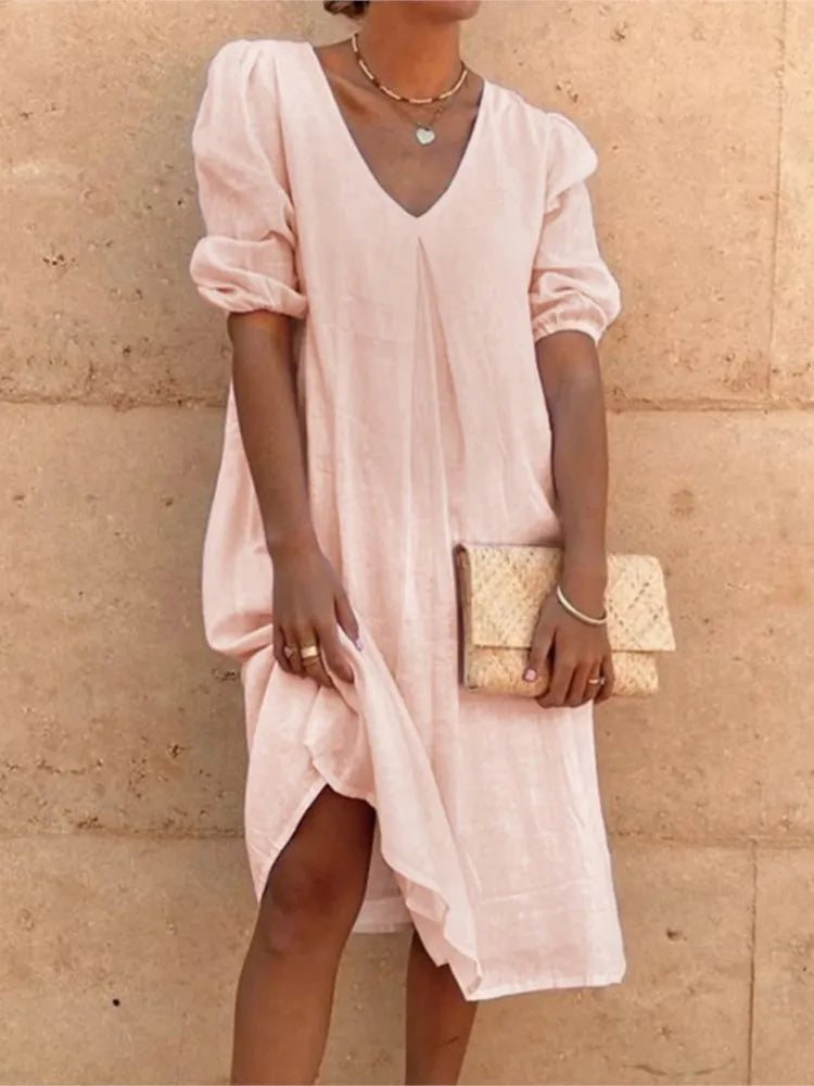 Natalie Women's Midi Dress – Sleeveless V Neck Summer Casual Elegant Dress