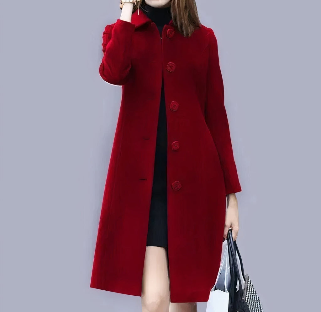 Evelyn Women's Long Coat – Classic Button Front Smart Winter Overcoat with Pockets