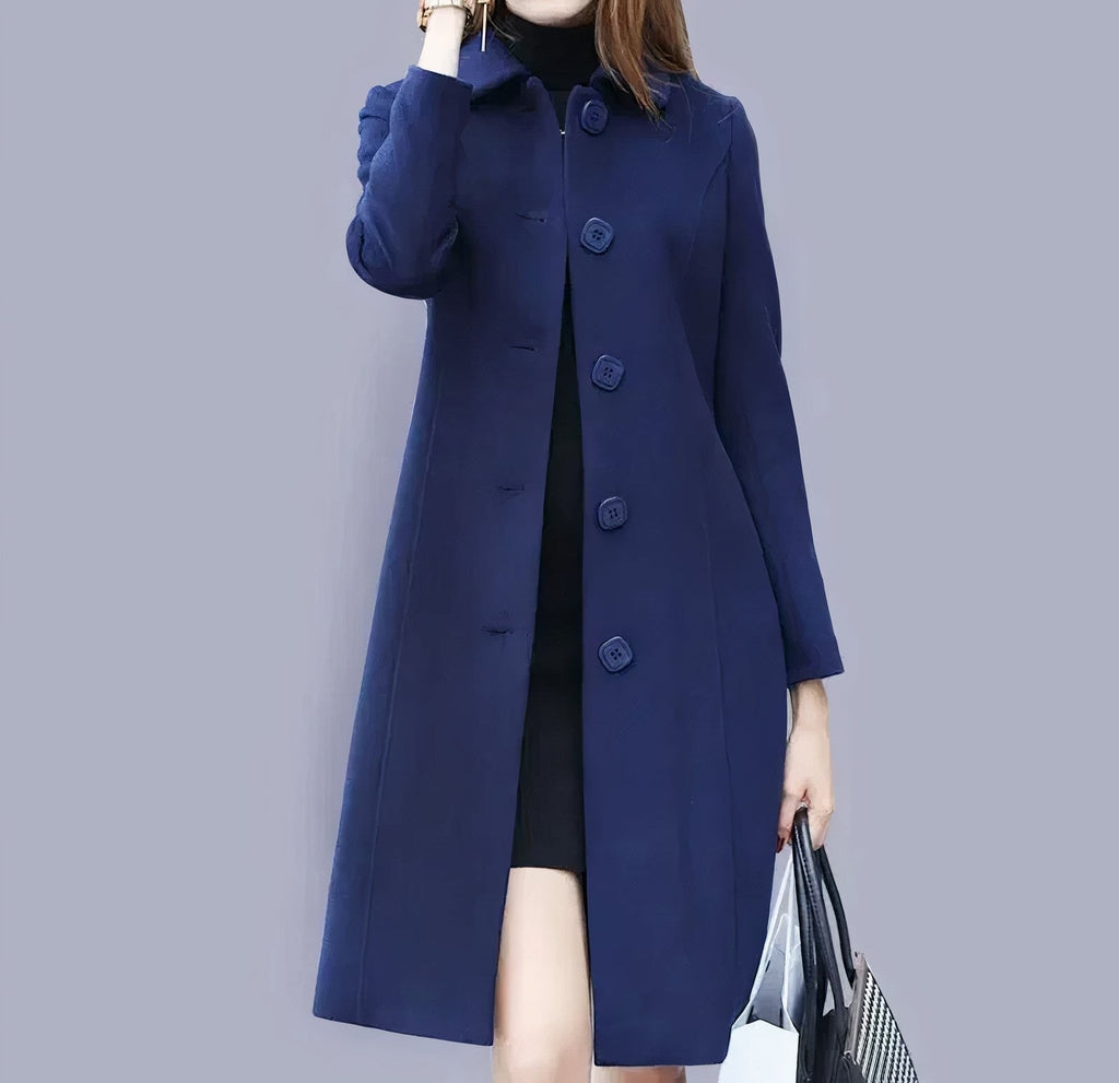 Evelyn Women's Long Coat – Classic Button Front Smart Winter Overcoat with Pockets