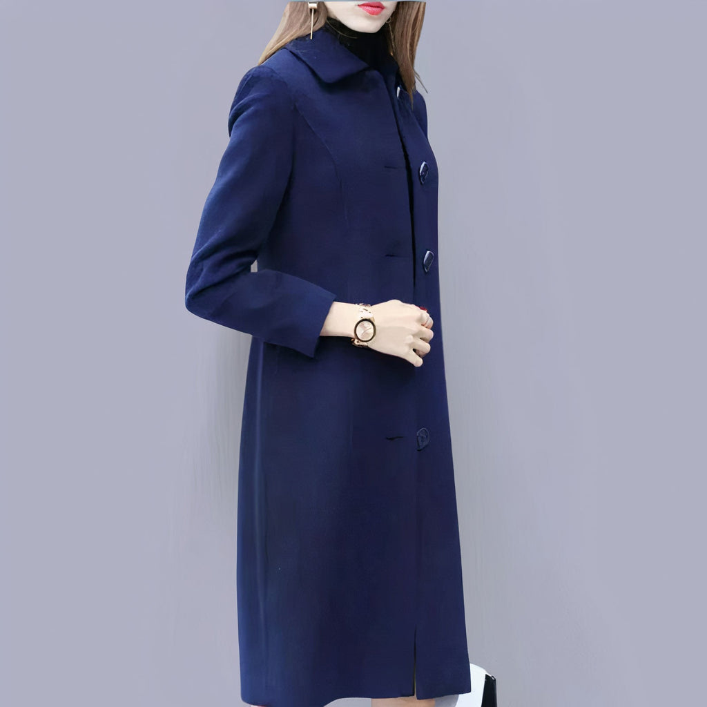 Evelyn Women's Long Coat – Classic Button Front Smart Winter Overcoat with Pockets