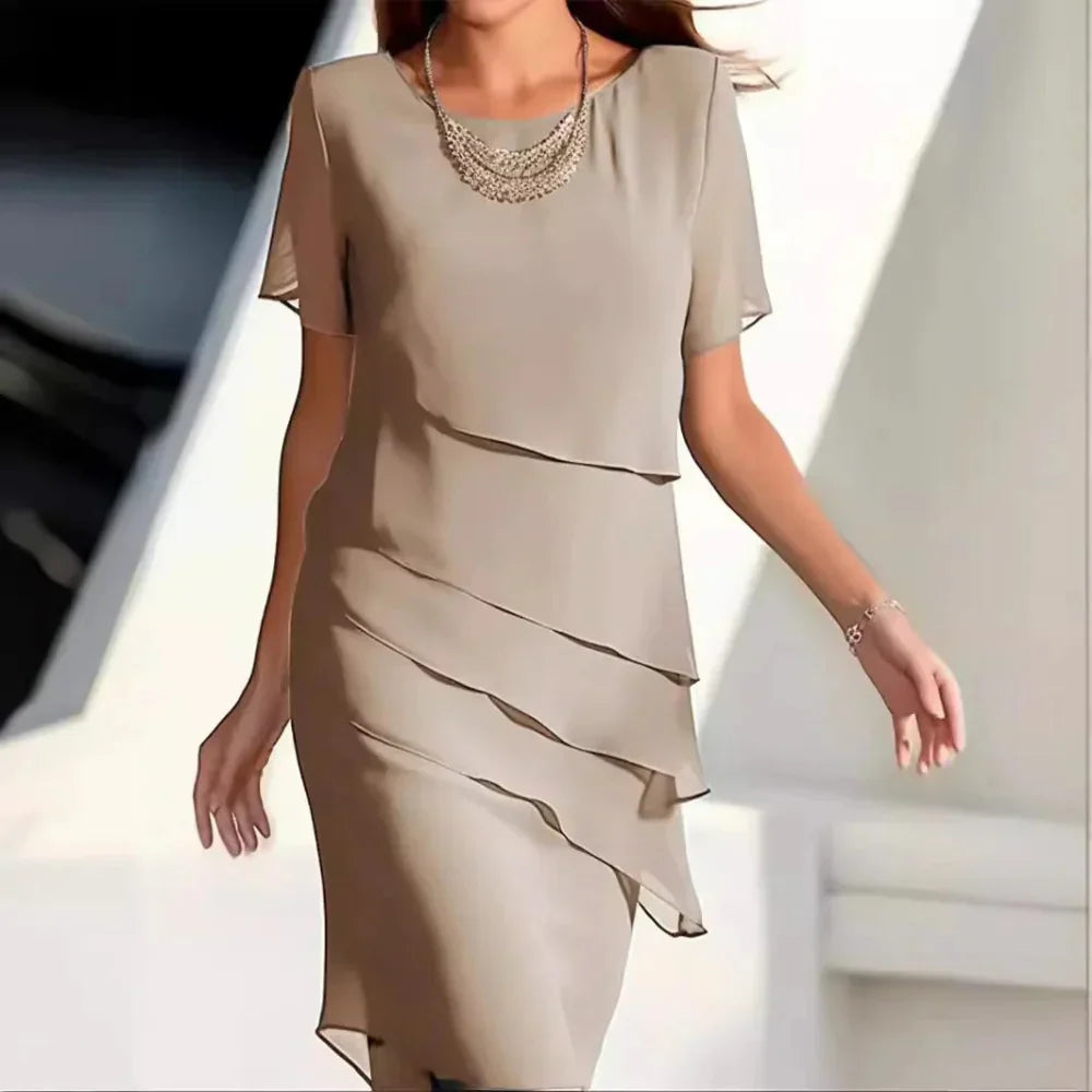 Isadora Women's Tiered Chiffon Dress – Short Sleeves, Round Neck & Flowing Fit
