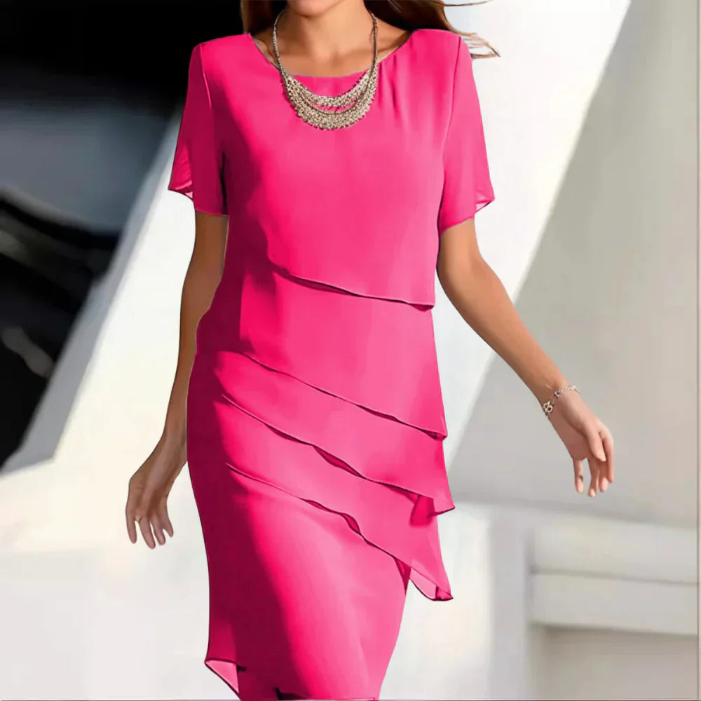 Isadora Women's Tiered Chiffon Dress – Short Sleeves, Round Neck & Flowing Fit