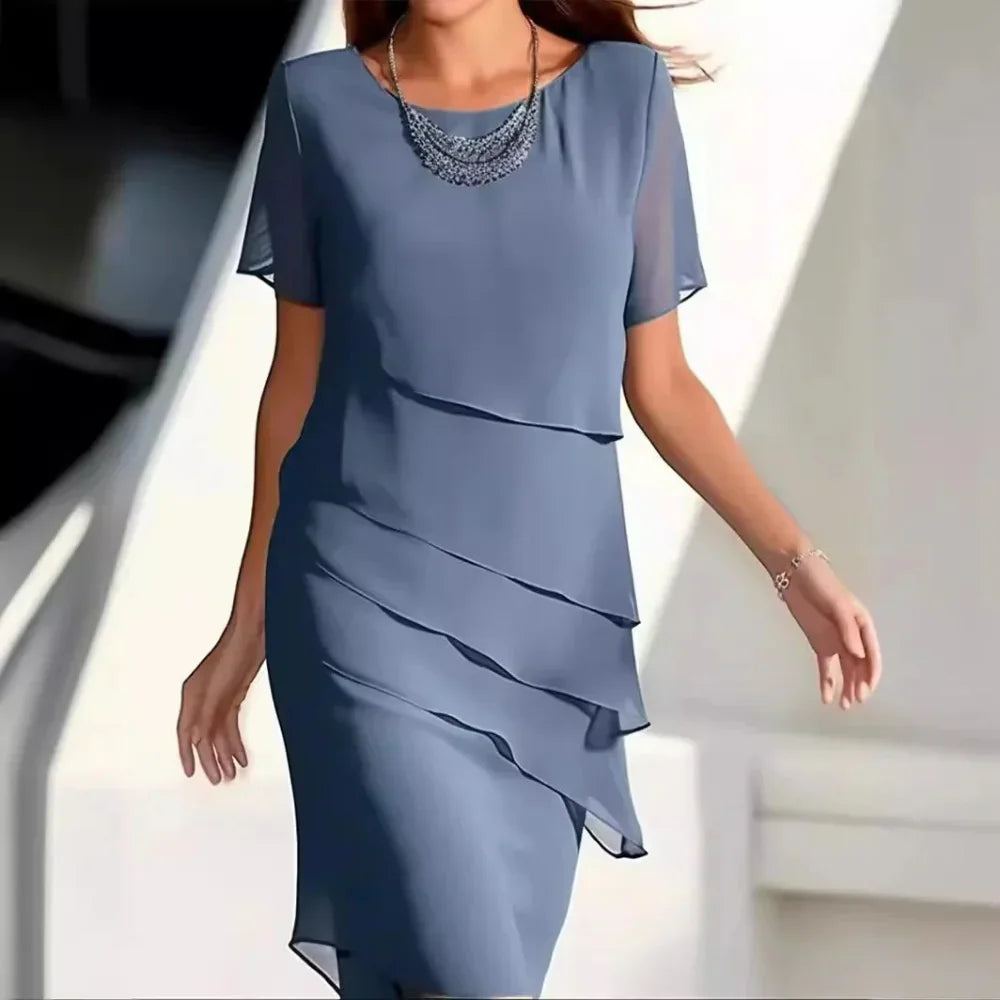 Isadora Women's Tiered Chiffon Dress – Short Sleeves, Round Neck & Flowing Fit