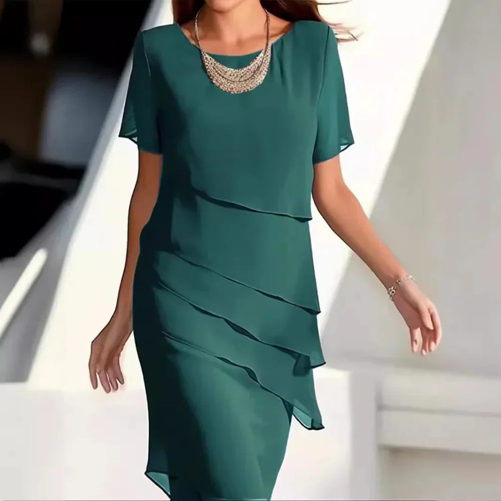 Isadora Women's Tiered Chiffon Dress – Short Sleeves, Round Neck & Flowing Fit