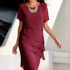 Isadora Women's Tiered Chiffon Dress – Short Sleeves, Round Neck & Flowing Fit