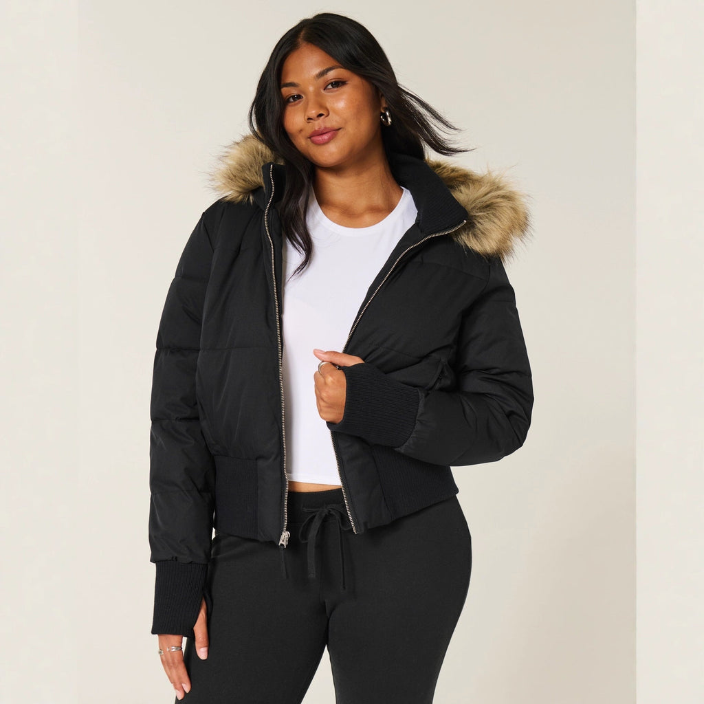 Scarlett Women's Winter Puffer Coat – Faux Fur Hood Cropped Warm Jacket