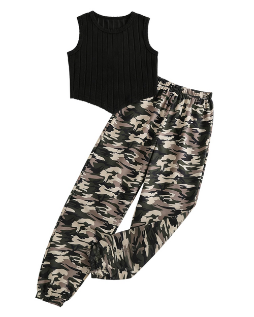 Bonnie Girls Crop Tank Top & Camouflage Trousers Set – Casual Two-Piece Outfit