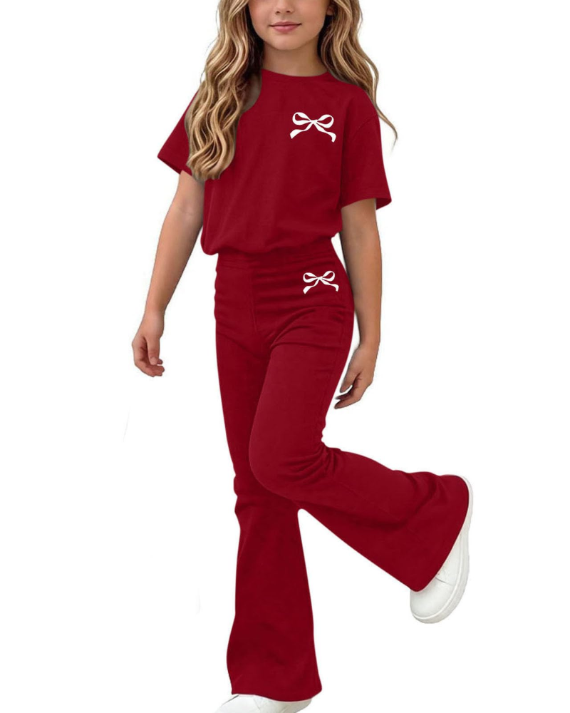 Piper Girls Bow T-Shirt & Trousers Set – Short Sleeve Two-Piece Outfit