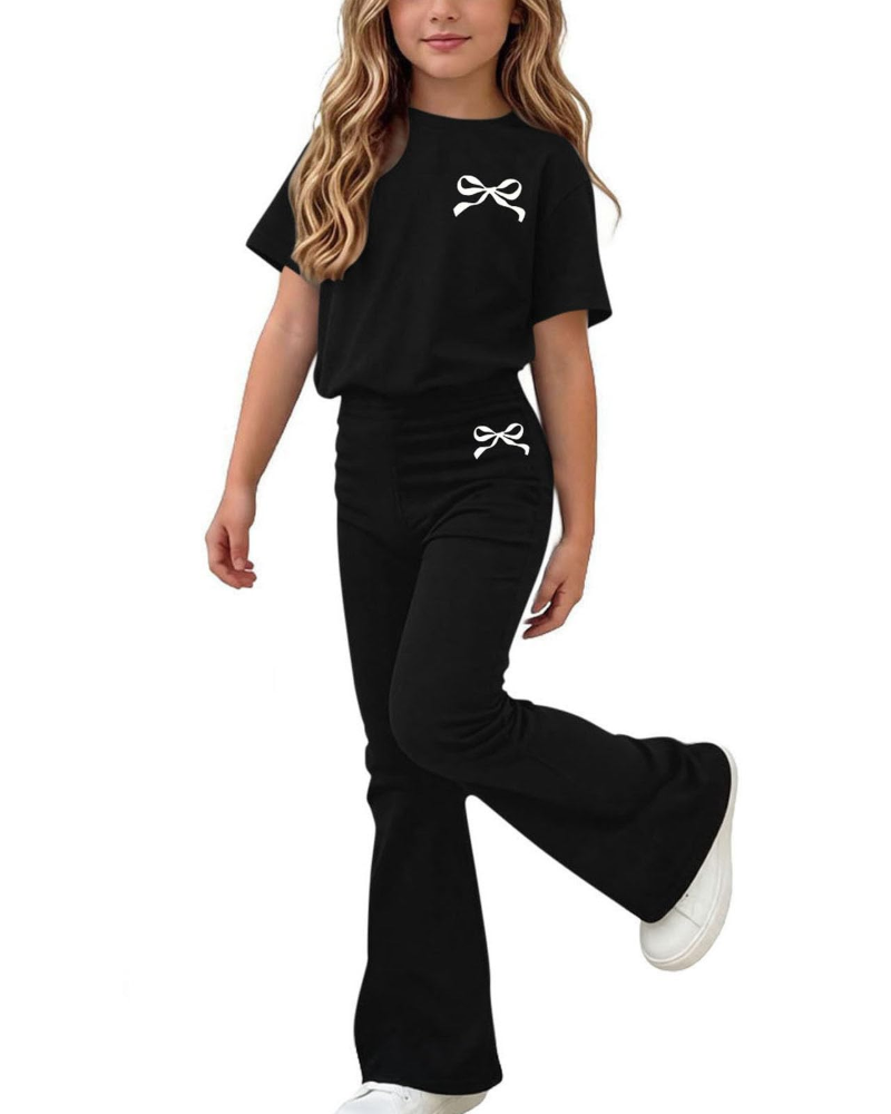 Piper Girls Bow T-Shirt & Trousers Set – Short Sleeve Two-Piece Outfit