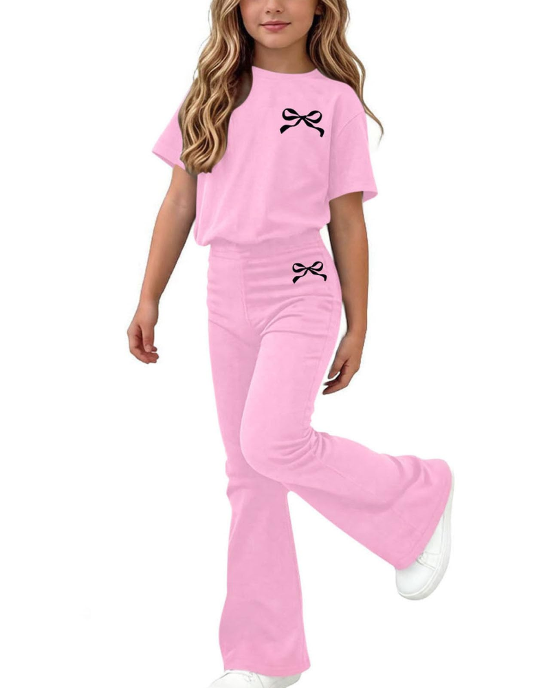 Piper Girls Bow T-Shirt & Trousers Set – Short Sleeve Two-Piece Outfit