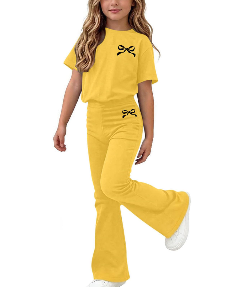 Piper Girls Bow T-Shirt & Trousers Set – Short Sleeve Two-Piece Outfit