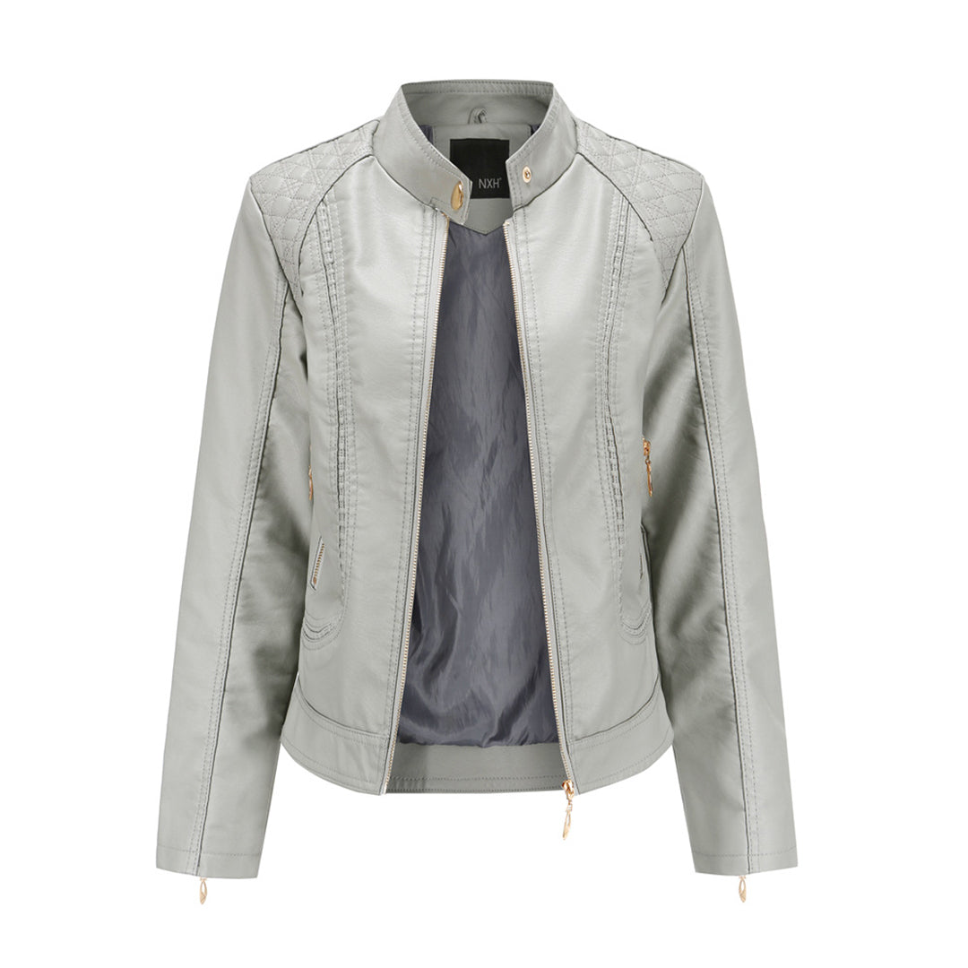 Valerie Women's Leather Jacket – Genuine Leather Zip Up Stand Collar Biker Jacket