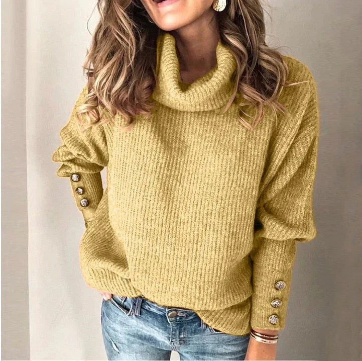 Nina Women's Roll Neck Jumper – Soft Knit Button Sleeve Winter Sweater