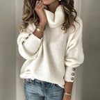 Nina Women's Roll Neck Jumper – Soft Knit Button Sleeve Winter Sweater