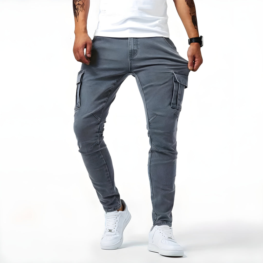Declan Men's Stretch Cargo Jeans – Slim Fit Denim Utility Trousers with Pockets