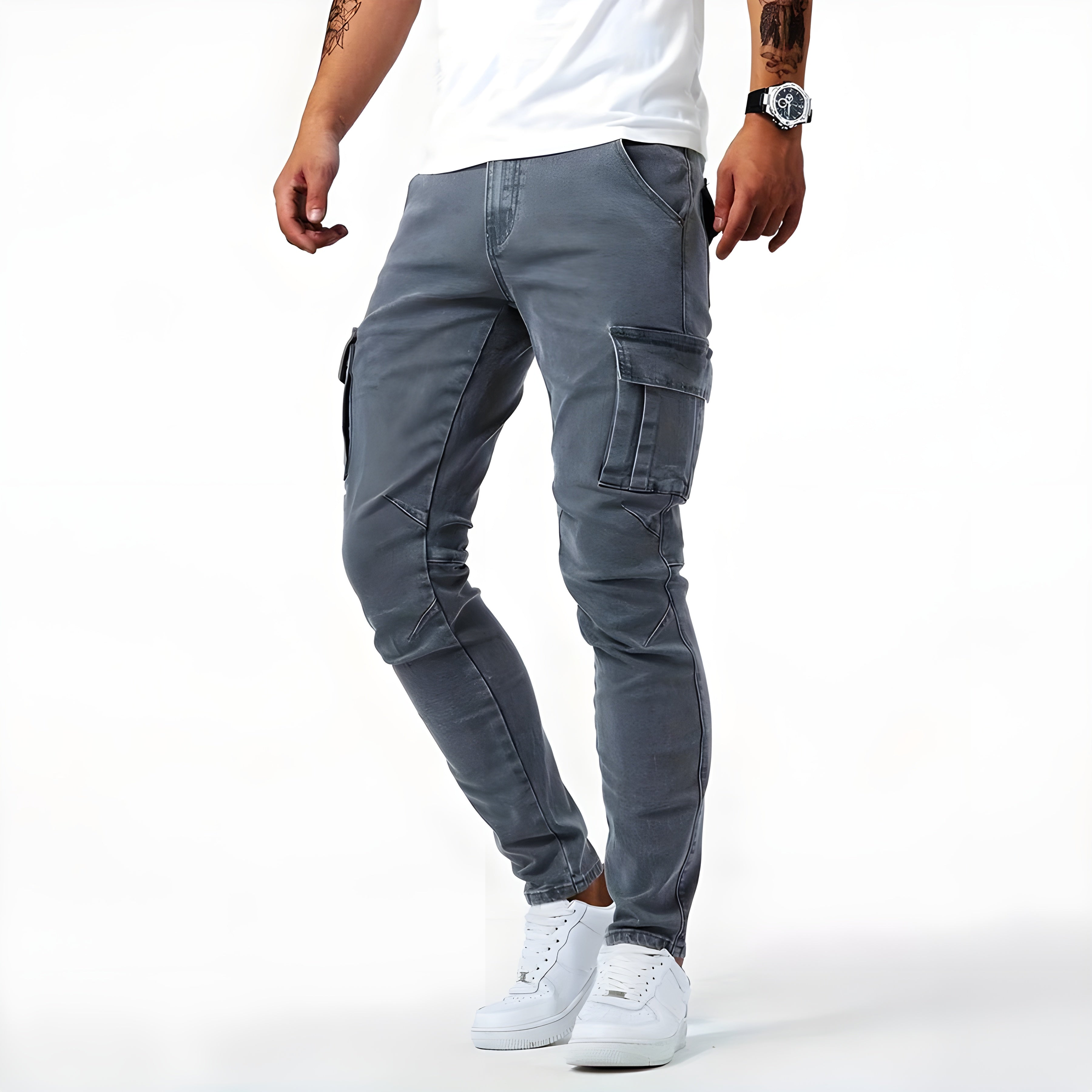 Declan Men's Stretch Cargo Jeans – Slim Fit Denim Utility Trousers with Pockets