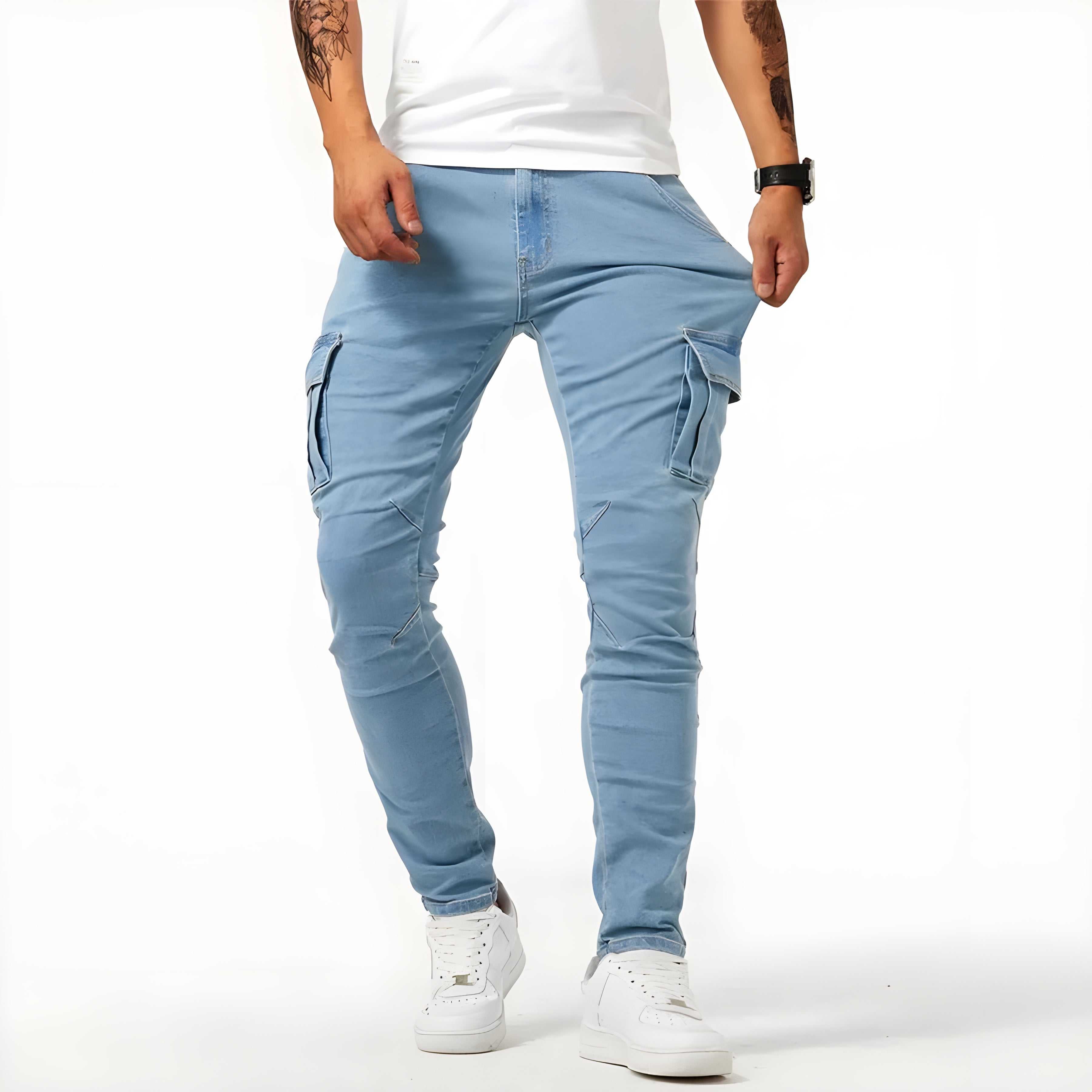 Declan Men's Stretch Cargo Jeans – Slim Fit Denim Utility Trousers with Pockets