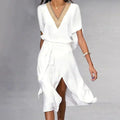 Penelope Women's Midi Dress – White V Neck Elegant Casual Occasion Dress