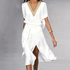 Penelope Women's Midi Dress – White V Neck Elegant Casual Occasion Dress