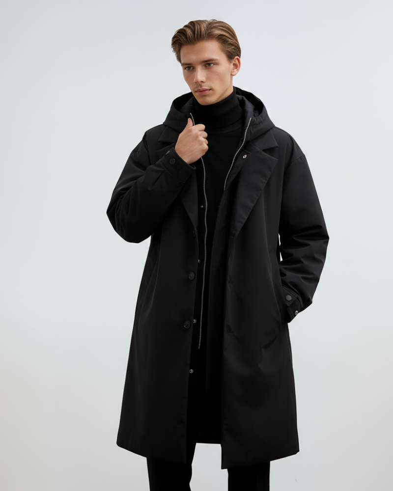 Arthur Men's Trench Coat – Long Hooded Zip & Button Smart Waterproof Style Coat