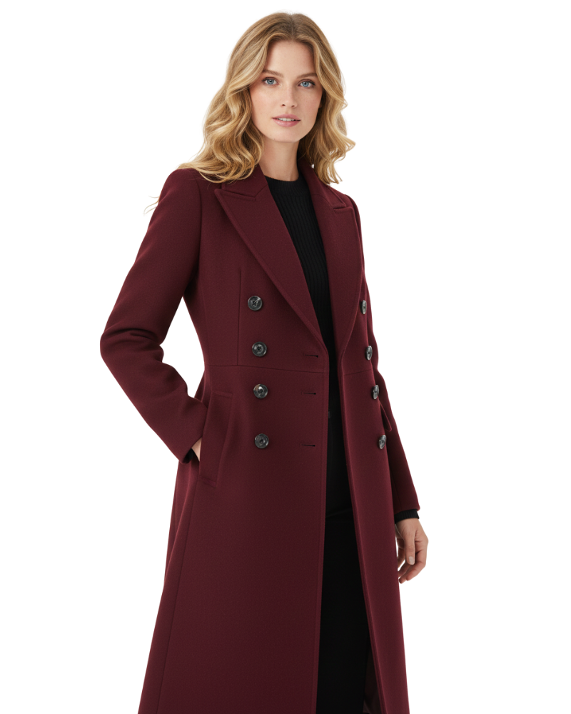 Genevieve Women's Wool Blend Coat – Double Breasted Long Burgundy Winter Coat