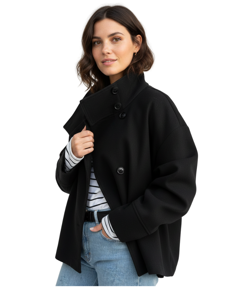 Theodora Women's Cropped Jacket – Stand Collar Button Front Smart Casual Coat