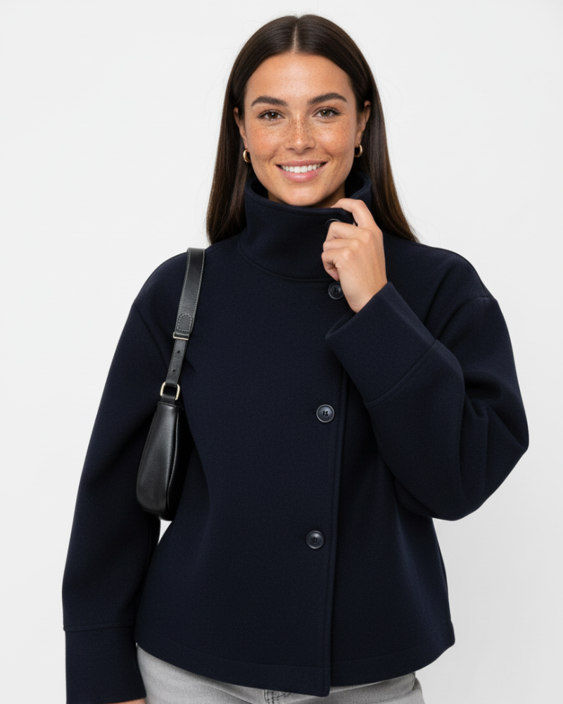 Theodora Women's Cropped Jacket – Stand Collar Button Front Smart Casual Coat