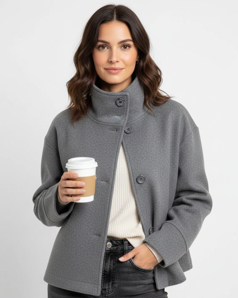 Theodora Women's Cropped Jacket – Stand Collar Button Front Smart Casual Coat