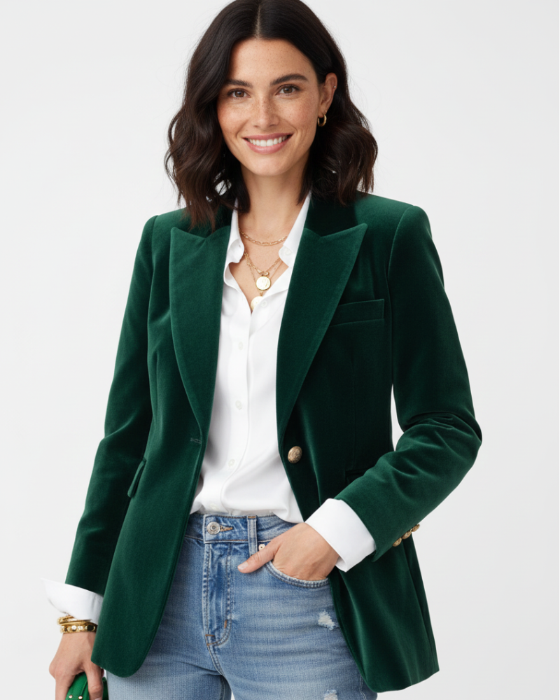 Beatrice Women's Velvet Blazer – Green Single Breasted Smart Tailored Jacket