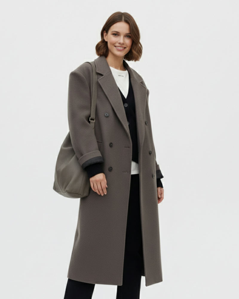 Helena Women's Oversized Double-Breasted Coat – Structured Shoulders & Wool-Look Fabric