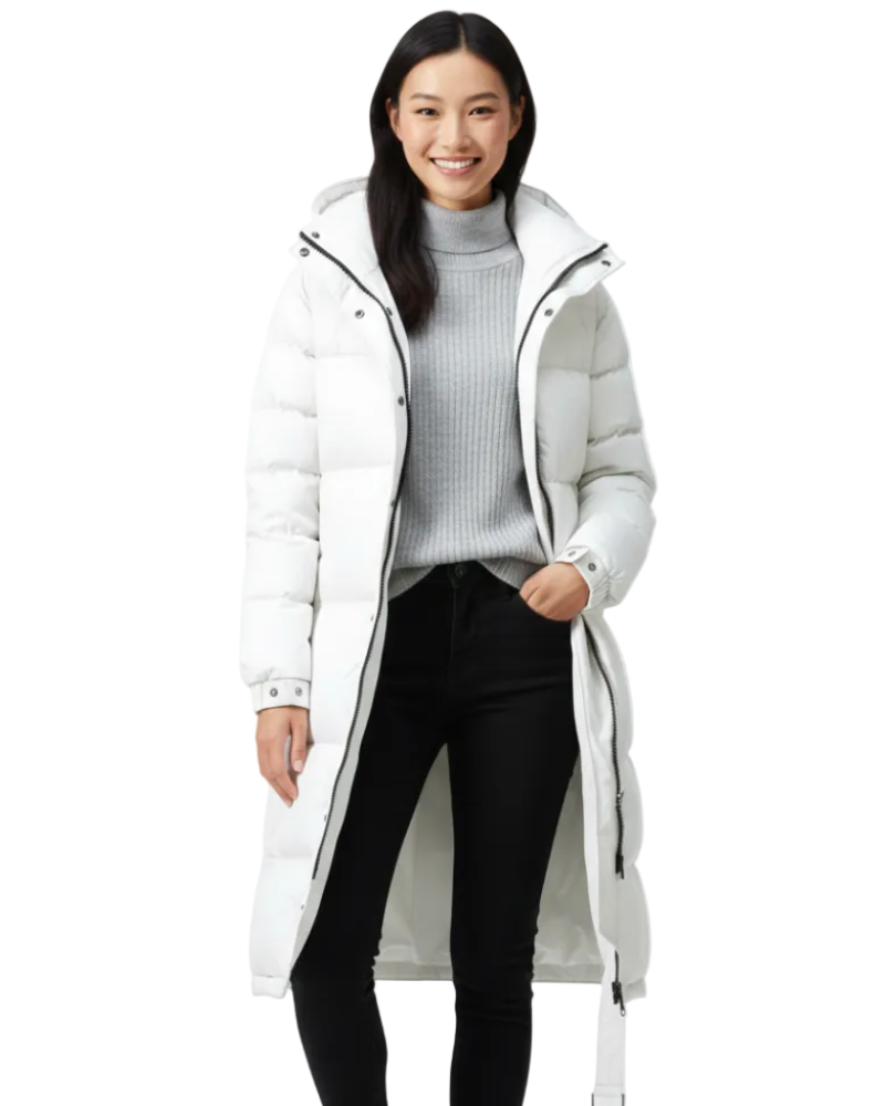 Florence Women's Long Puffer Coat – Padded Hood, High Collar & Regular Fit