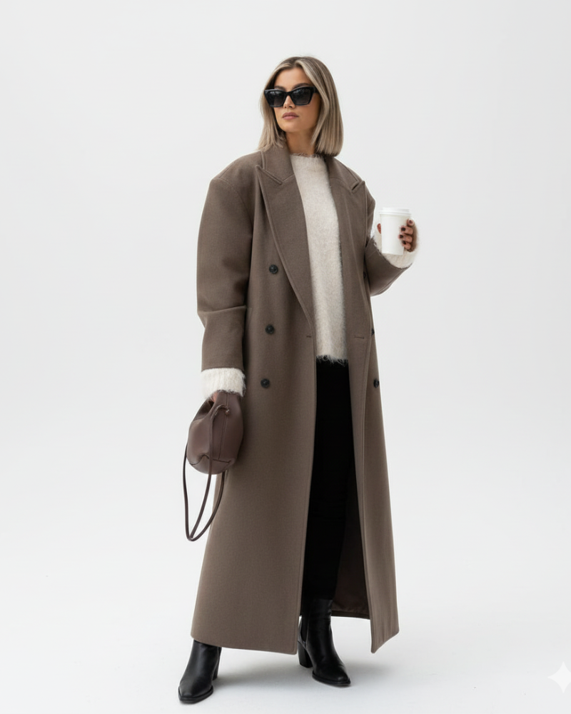 Helena Women's Oversized Double-Breasted Coat – Structured Shoulders & Wool-Look Fabric