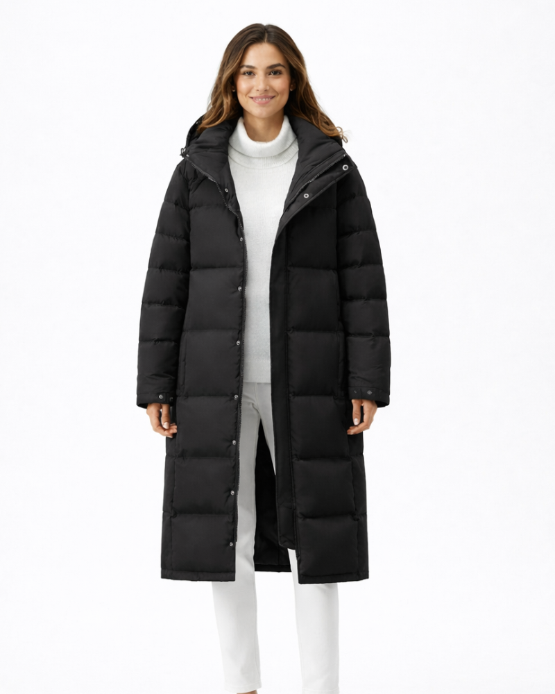 Florence Women's Long Puffer Coat – Padded Hood, High Collar & Regular Fit