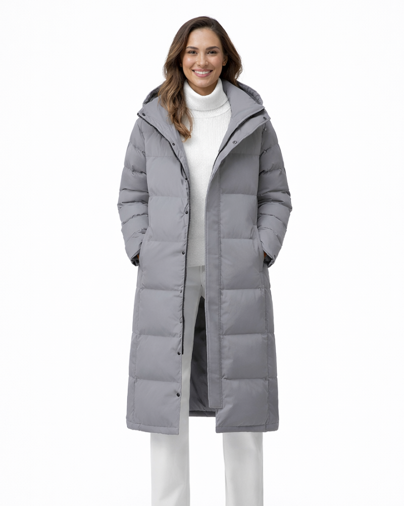 Florence Women's Long Puffer Coat – Padded Hood, High Collar & Regular Fit