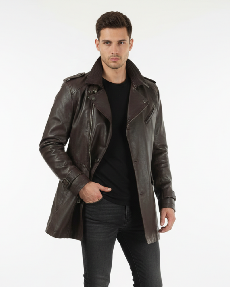 Logan Men's Leather Long Coat – Regular Fit Classic Winter Overcoat