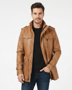 Logan Men's Leather Long Coat – Regular Fit Classic Winter Overcoat