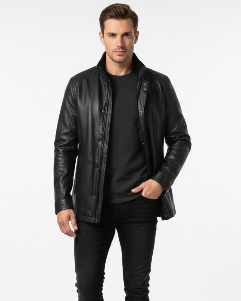 Logan Men's Leather Long Coat – Regular Fit Classic Winter Overcoat