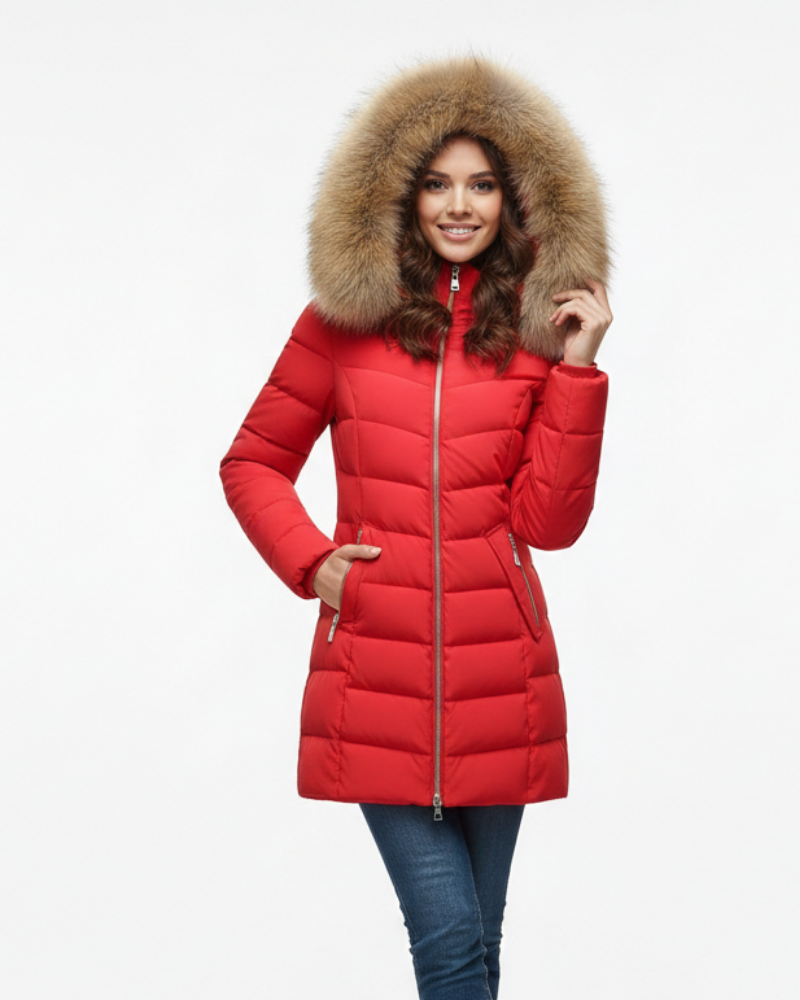 Margot Women's Puffer Jacket – Faux Fur Hood Chevron Quilted Winter Coat