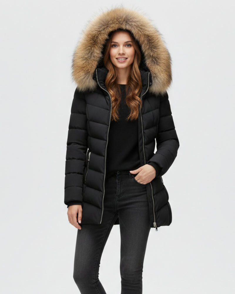 Margot Women's Puffer Jacket – Faux Fur Hood Chevron Quilted Winter Coat