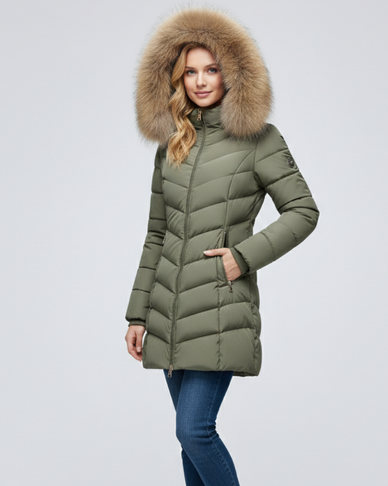 Margot Women's Puffer Jacket – Faux Fur Hood Chevron Quilted Winter Coat