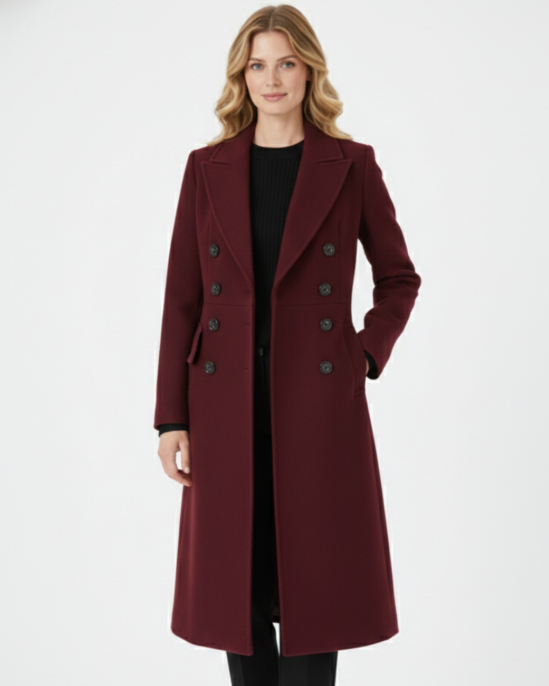 Genevieve Women's Wool Blend Coat – Double Breasted Long Burgundy Winter Coat