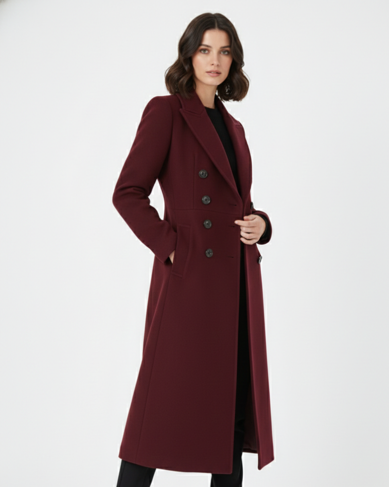 Genevieve Women's Wool Blend Coat – Double Breasted Long Burgundy Winter Coat