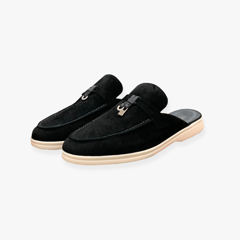 Elise Women's Slip On Mules – Buckle Detail Flat Casual Comfort Loafers