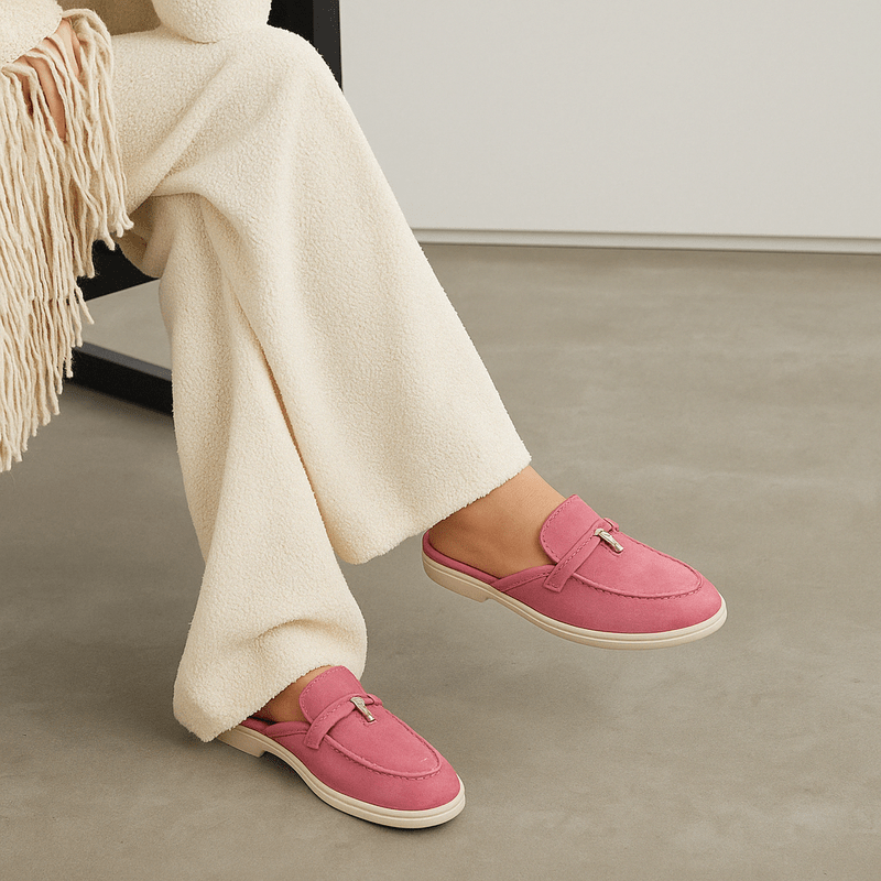 Elise Women's Slip On Mules – Buckle Detail Flat Casual Comfort Loafers