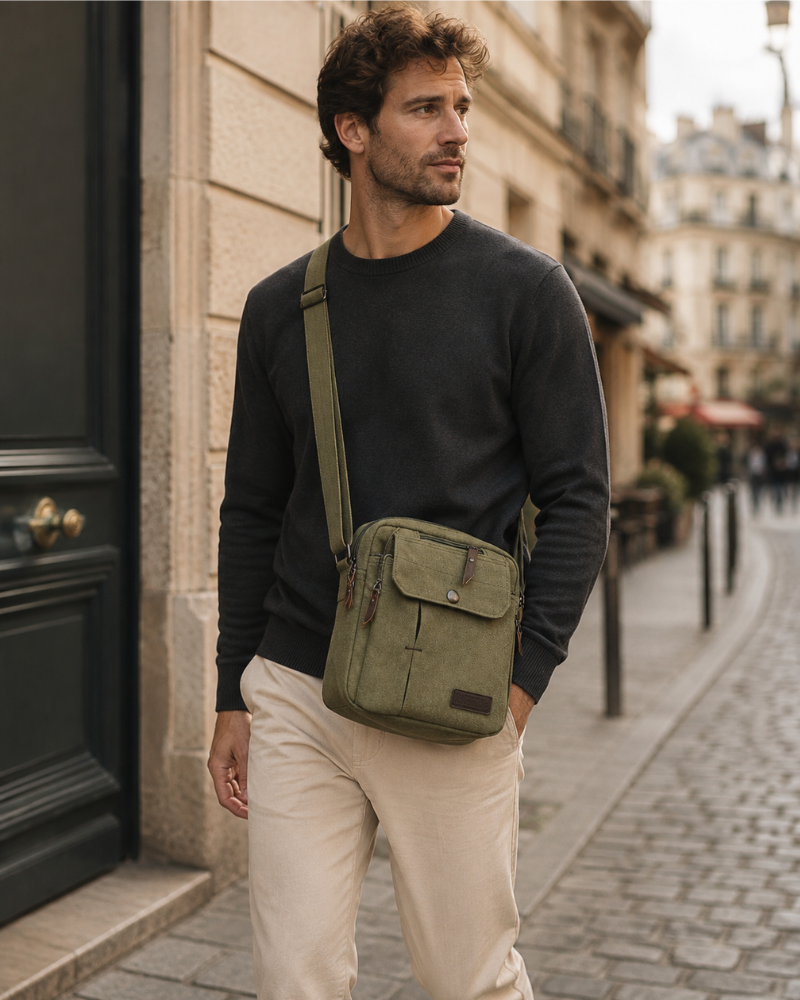 Lewis Men's Canvas Messenger Bag – Small Crossbody Shoulder Bag with Multiple Pockets