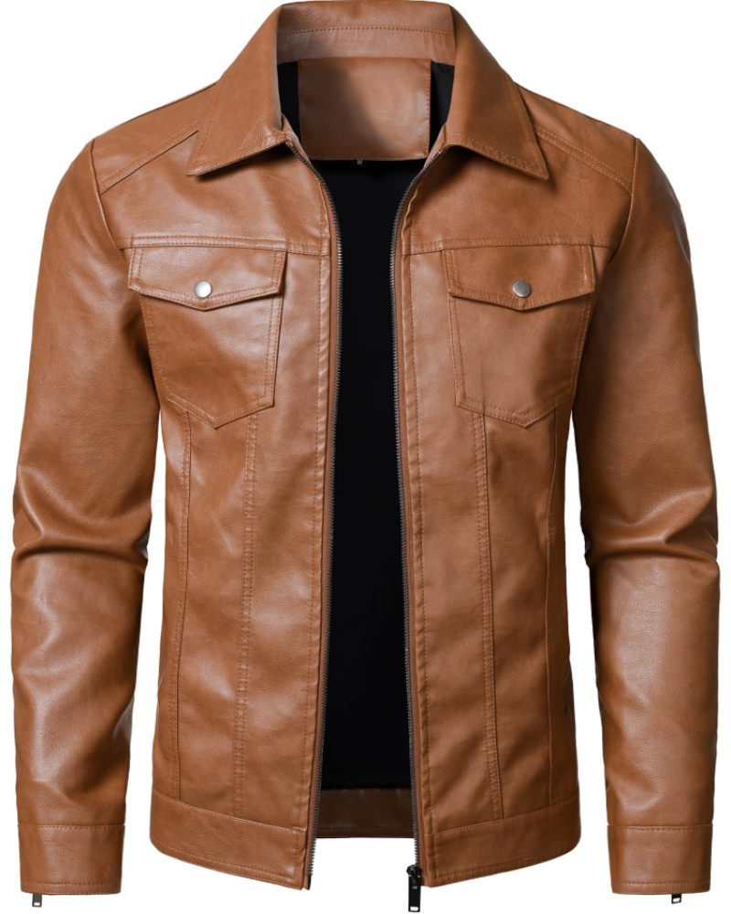 Rowan Men's PU Faux Leather Jacket – Casual Zip-Up Jacket with Turn-Down Collar