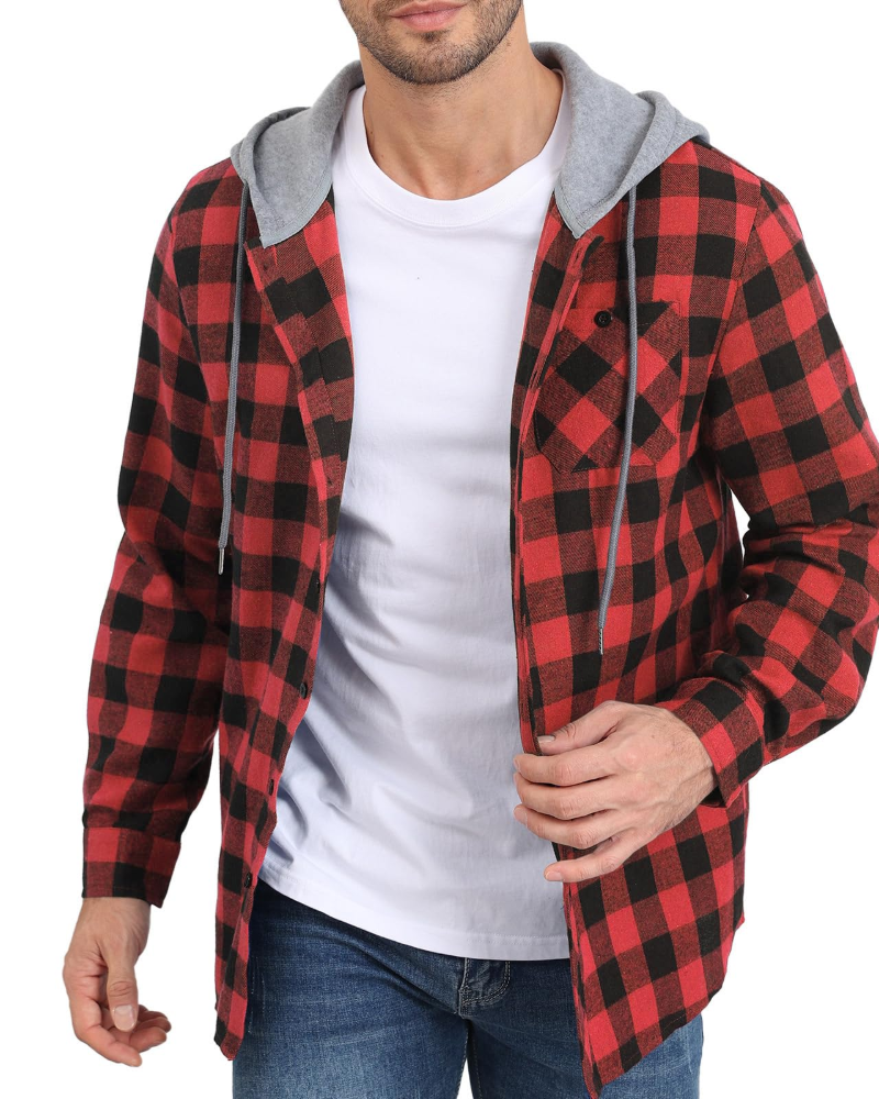 Asher Men's Hooded Checked Shirt – Long Sleeve Button-Up Plaid Casual Overshirt