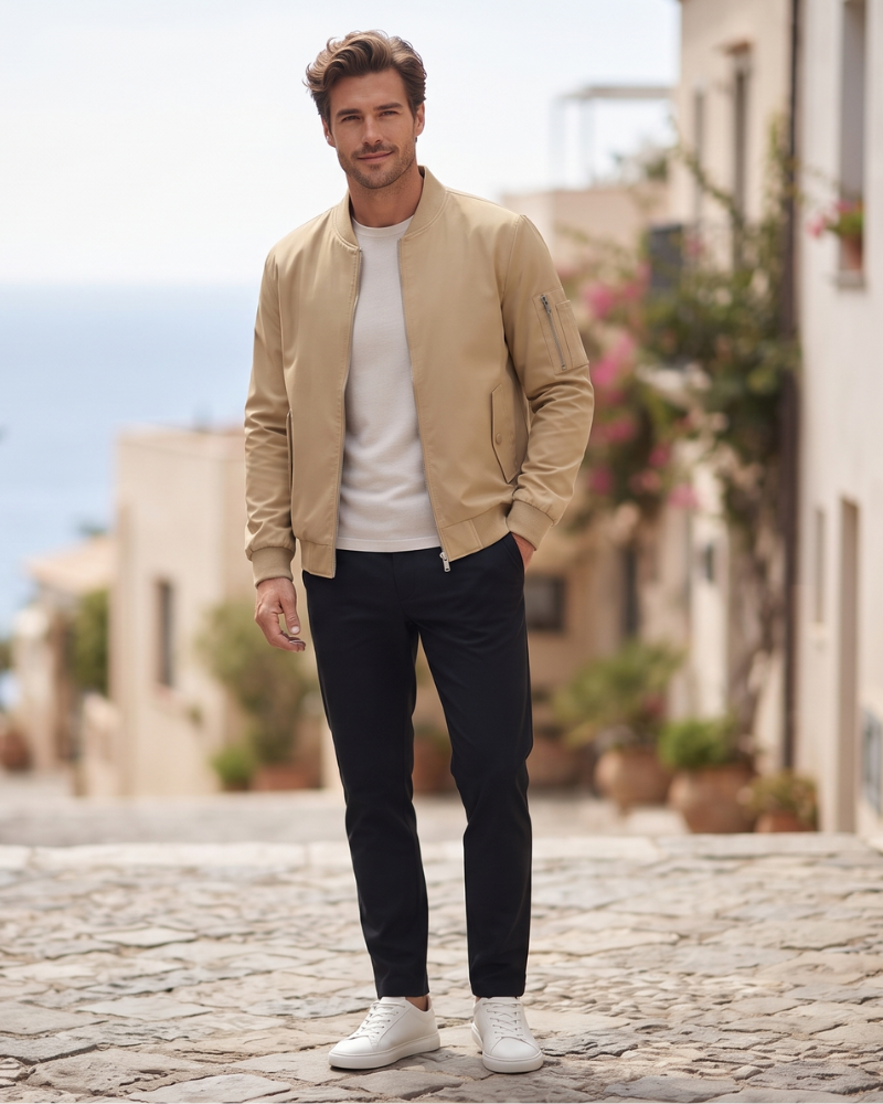 Reginald Men's Bomber Jacket – Polyester Wind-Resistant Zip Jacket with Stand Collar
