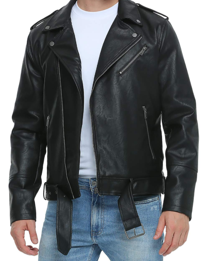 Darius Men's PU Faux Leather Biker Jacket – Zip-Up Moto Jacket with Belt